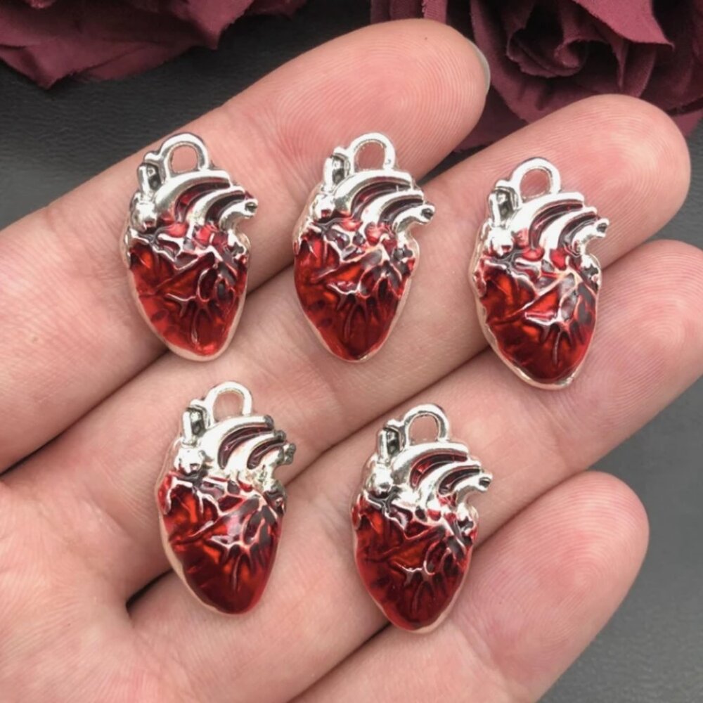 (7/$25) 6 Anatomical Hearts Pendants - metal embellishments charms